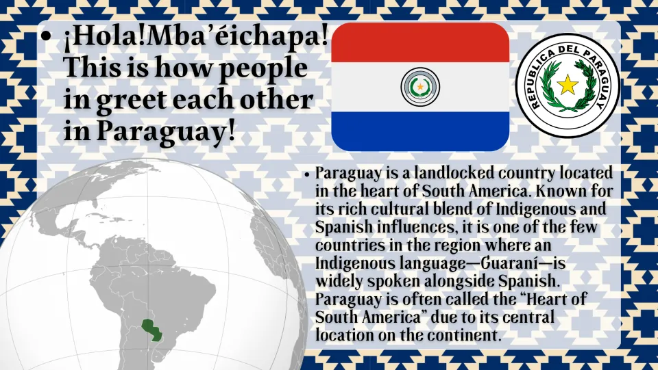 Introduction slide locating Paraguay in South America and explaining its Indigenous and Spanish influences