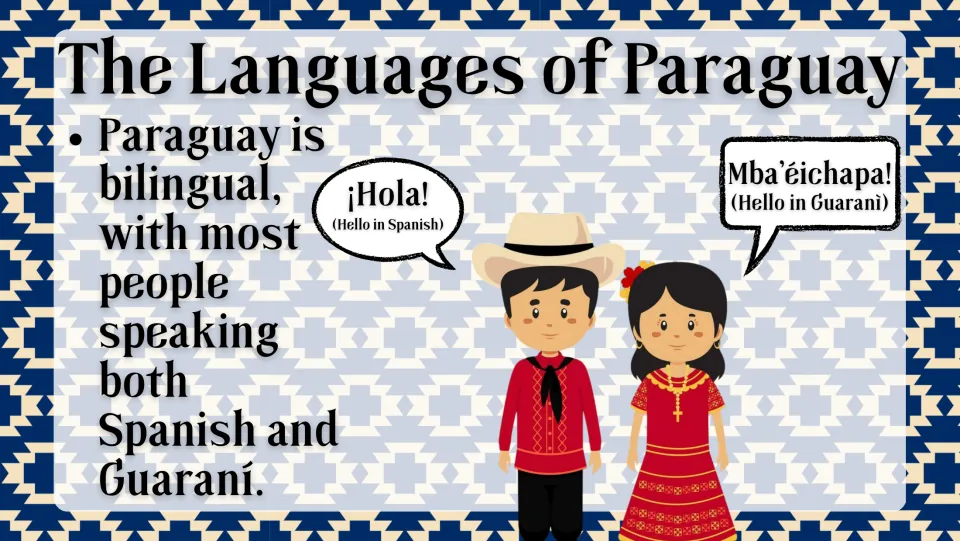 Language overview slide describing Spanish and Guaraní bilingualism, with hello greetings in both languages