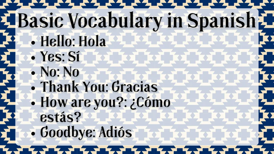 Spanish vocabulary slide translating hello, yes, no, thank you, how are you, and goodbye into Spanish