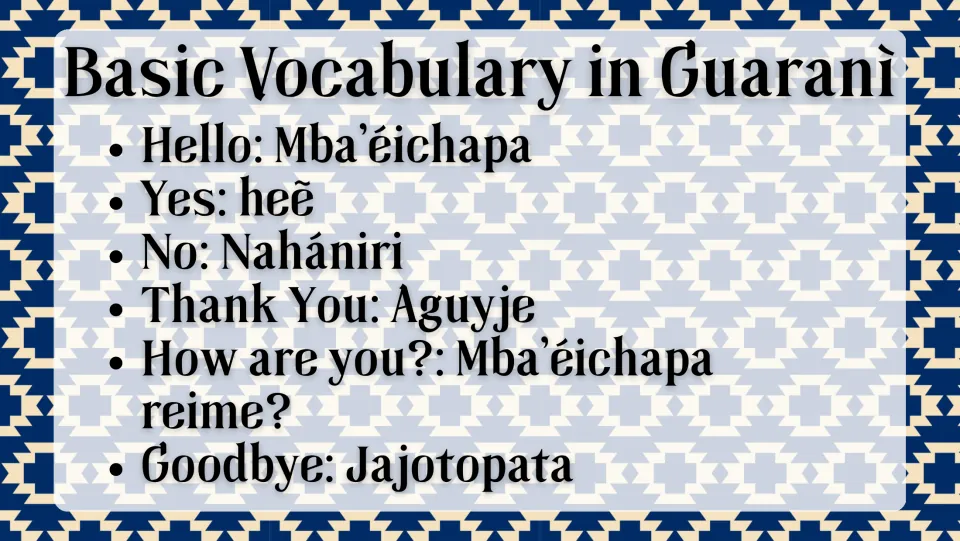 Guaraní vocabulary slide translating hello, yes, no, thank you, how are you, and goodbye into Guaraní