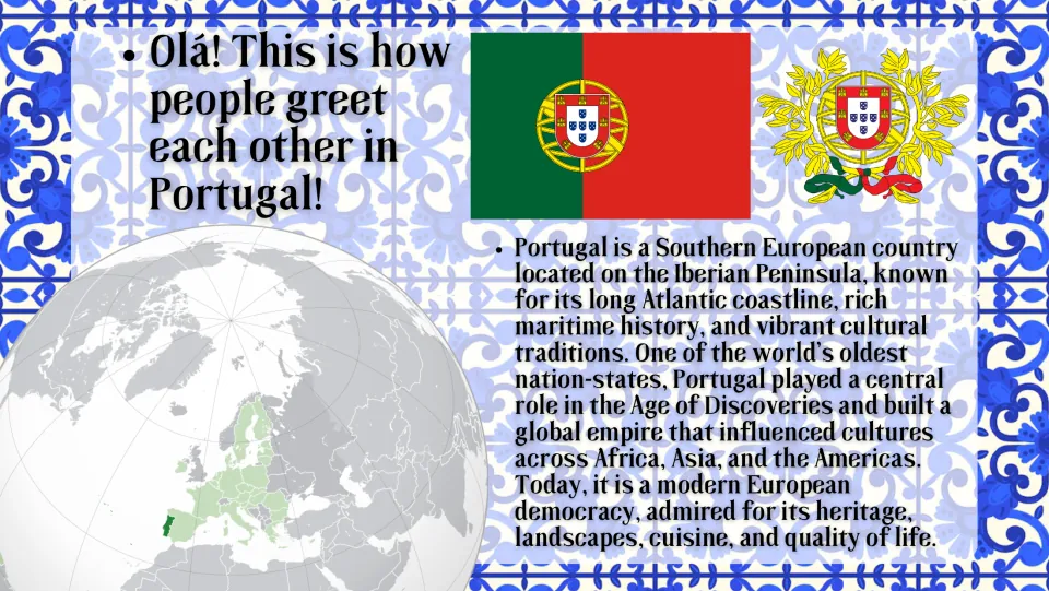 Portugal overview slide explaining 'Olá' (Hello), with the national flag, a globe, and historical context