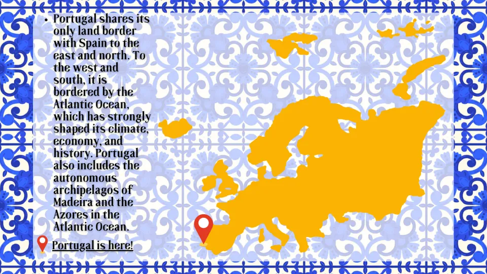 Portugal location slide identifying Spain, the Atlantic Ocean, Madeira, and the Azores beside a Europe map