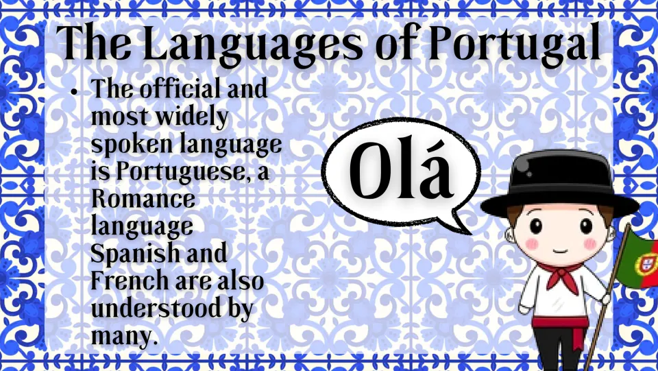 Portugal language slide identifying Portuguese as a Romance language and mentioning Spanish and French