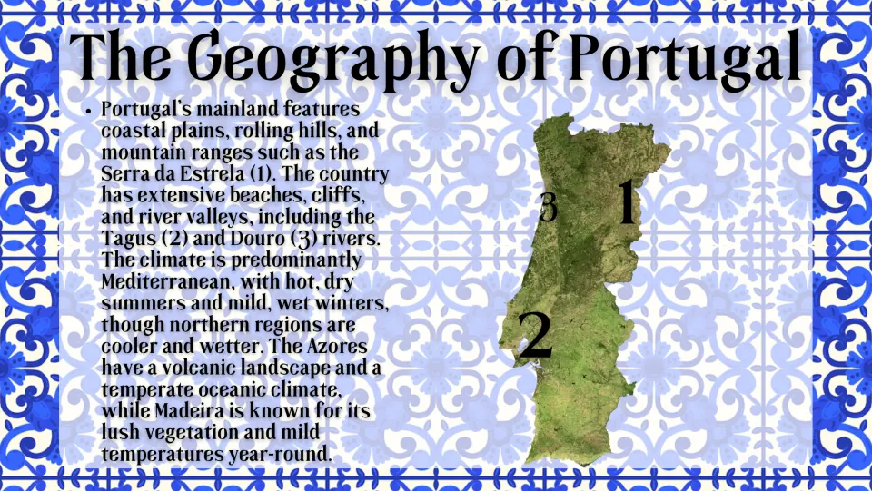 Portugal geography slide covering Serra da Estrela, the Tagus and Douro rivers, island landscapes, and climate
