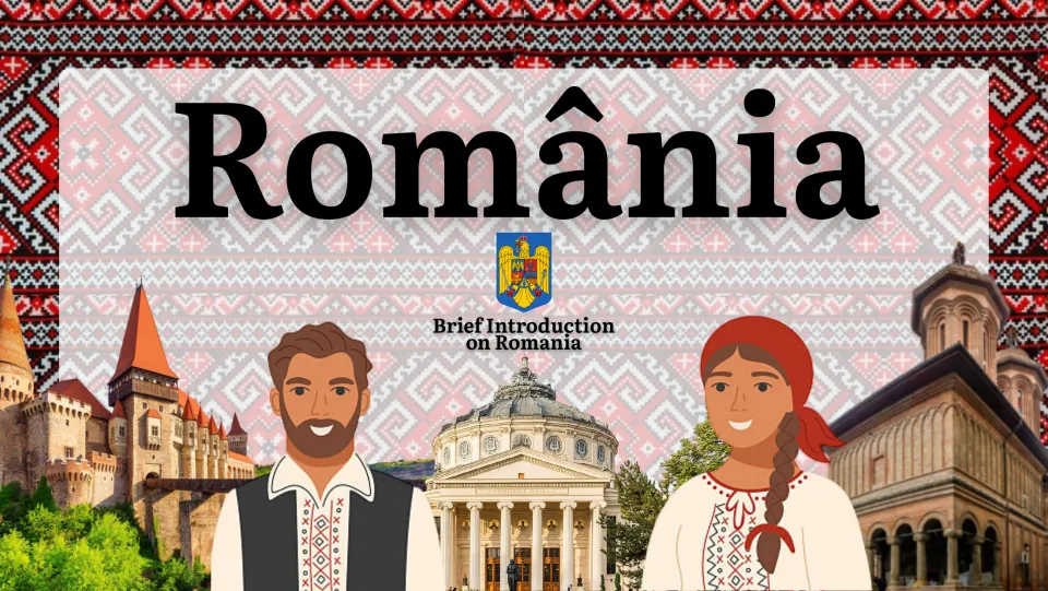 Presentation cover titled “România,” with “Brief Introduction on Romania” and images of Romanian landmarks