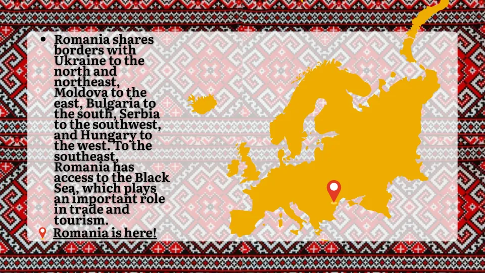 Romania location slide naming its five neighboring countries and Black Sea access, with a Europe map