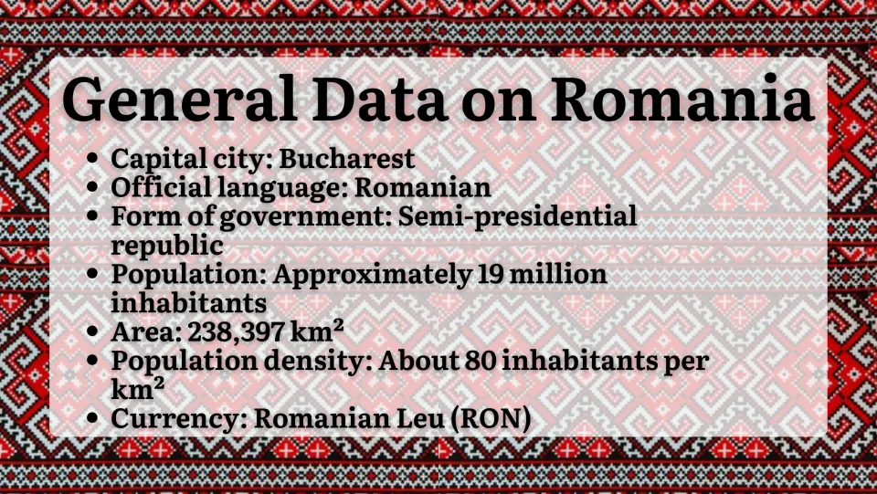 Romania general facts slide listing Bucharest, Romanian, government, population, area, density, and currency