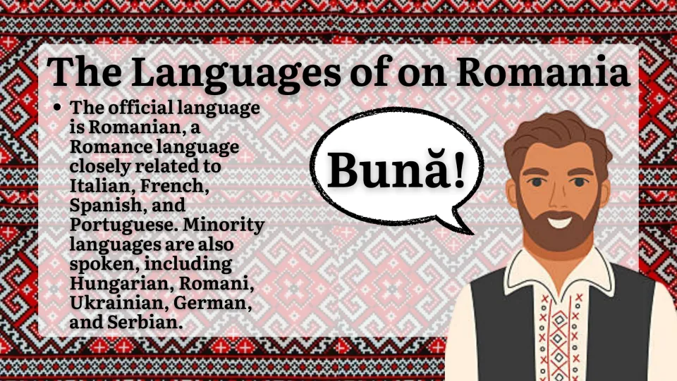 Romania language slide identifying Romanian as a Romance language and naming five minority languages