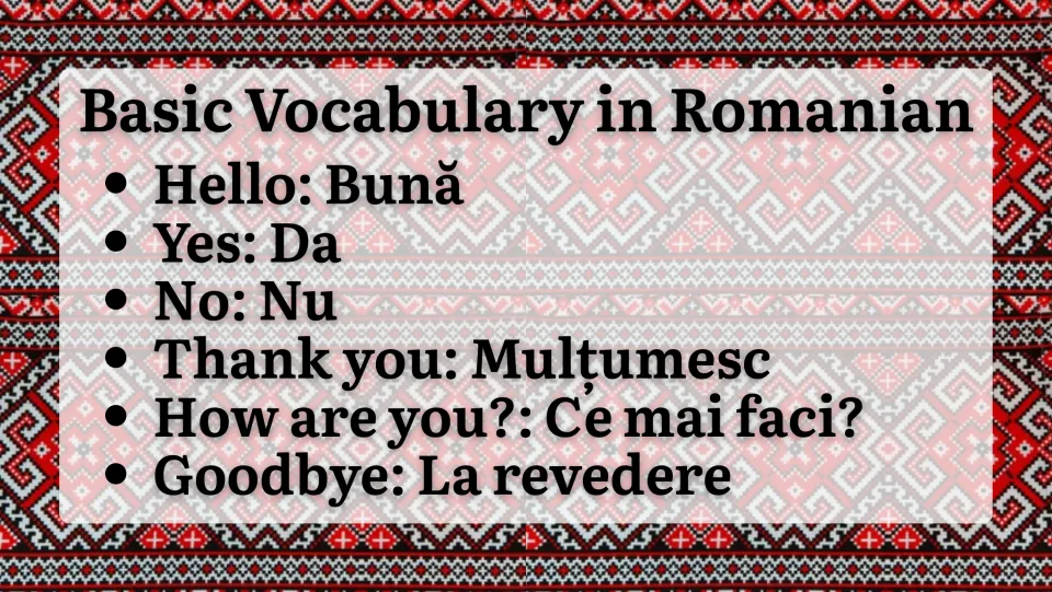 Romanian vocabulary slide: Bună (hello), Da (yes), Nu (no), Mulțumesc (thank you), and two more phrases