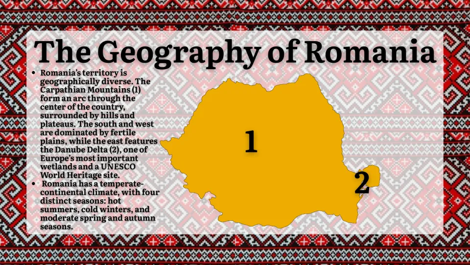 Romania geography slide describing the Carpathian Mountains, Danube Delta, and climate, with a numbered map