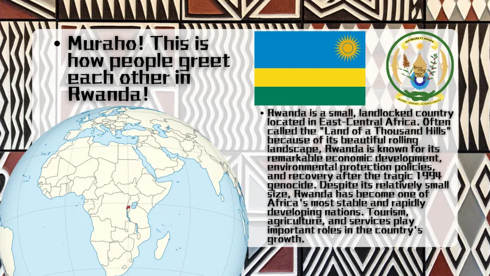 Overview of Rwanda: flag, coat of arms and globe locating it in Africa, plus a Land of a Thousand Hills summary