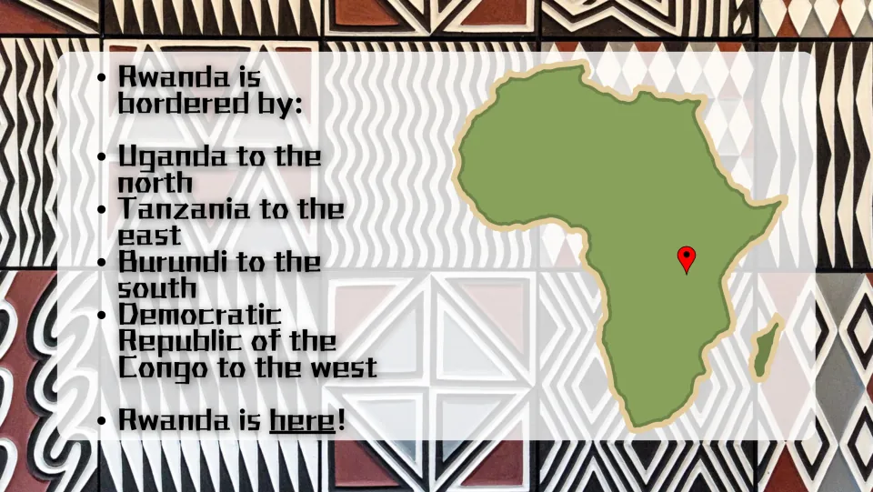 Rwanda's neighbors: Uganda north, Tanzania east, Burundi south and DR Congo west; a pin marks Rwanda on an Africa map