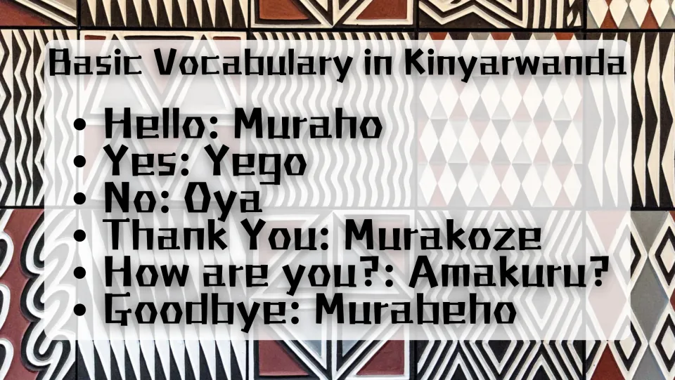Basic vocabulary in Kinyarwanda: hello, yes, no, thank you, how are you and goodbye, each paired with its translation