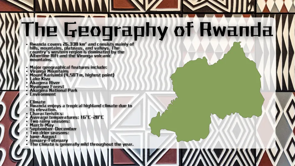 Geography of Rwanda: hills, Virunga volcanoes, Mount Karisimbi, Lake Kivu, Nyungwe Forest and its highland climate
