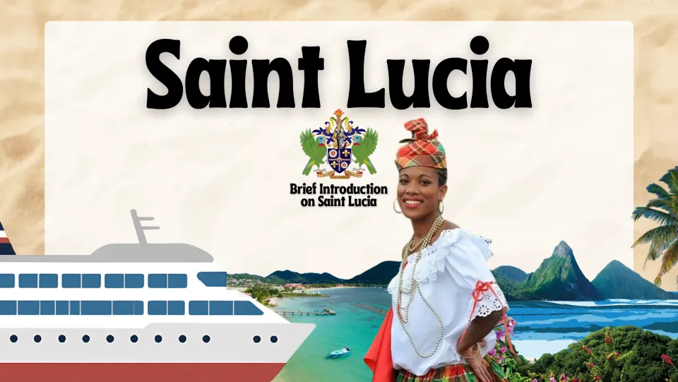 Country-study presentation cover introducing Saint Lucia, with coastal scenery and traditional clothing