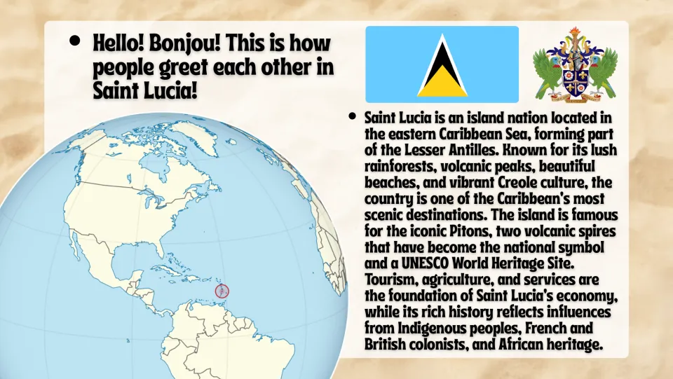 Introduction slide locates Saint Lucia in the eastern Caribbean and introduces its Pitons, culture, and history