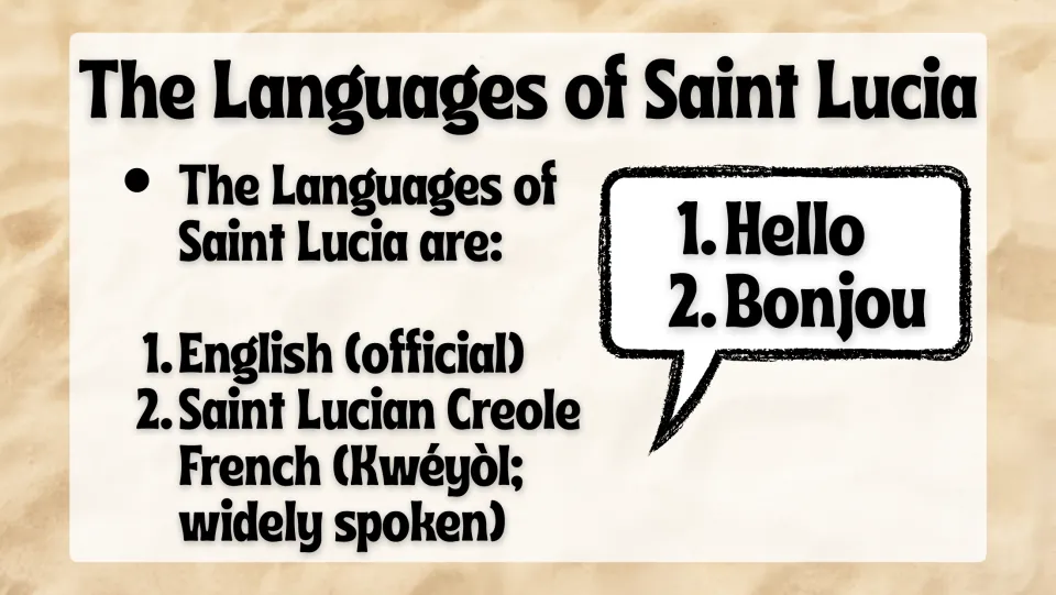 Languages slide identifies English as official and Saint Lucian Creole French as widely spoken, with greetings
