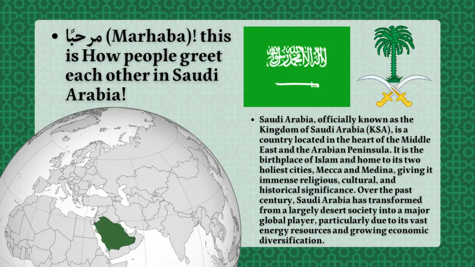 Saudi Arabia overview: Marhaba greeting, flag, emblem and globe locating it, with notes on Islam, Mecca and Medina