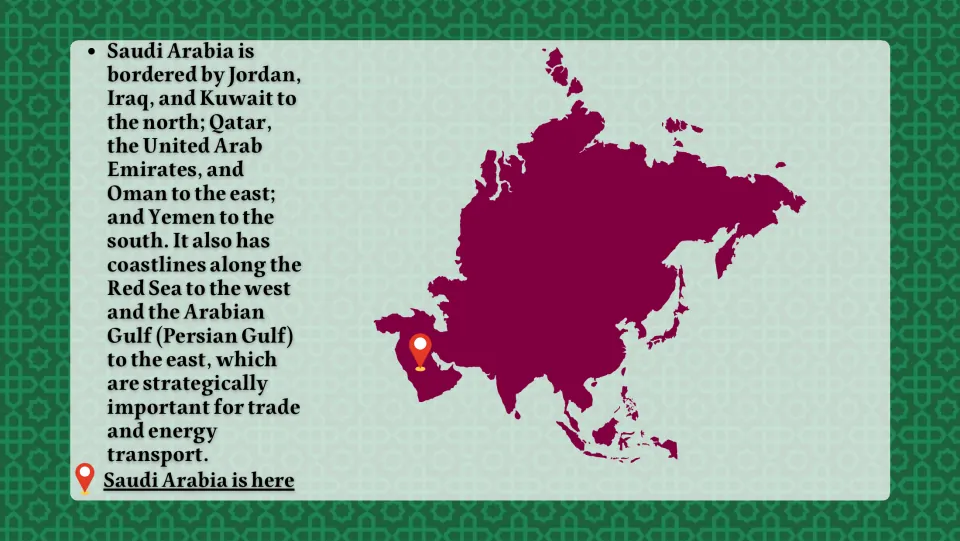 Location of Saudi Arabia: map of Asia with a pin and text naming its bordering countries, the Red Sea and Arabian Gulf
