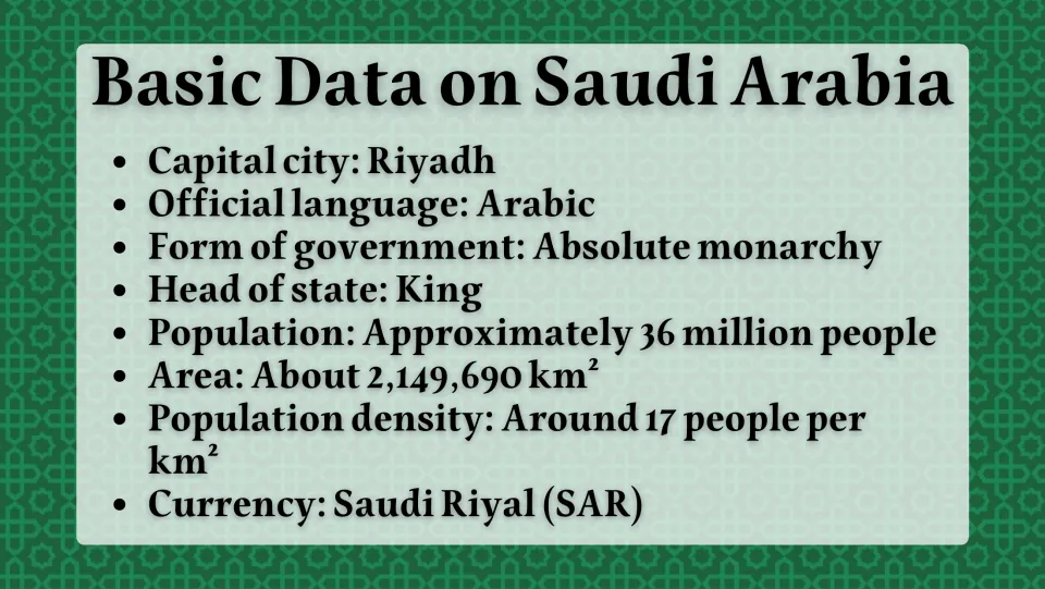 Basic Data on Saudi Arabia: capital Riyadh, Arabic language, absolute monarchy, about 36 million people, area and riyal