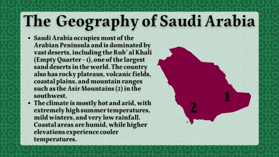 The Geography of Saudi Arabia: Empty Quarter desert, Asir Mountains and hot arid climate, with a numbered map