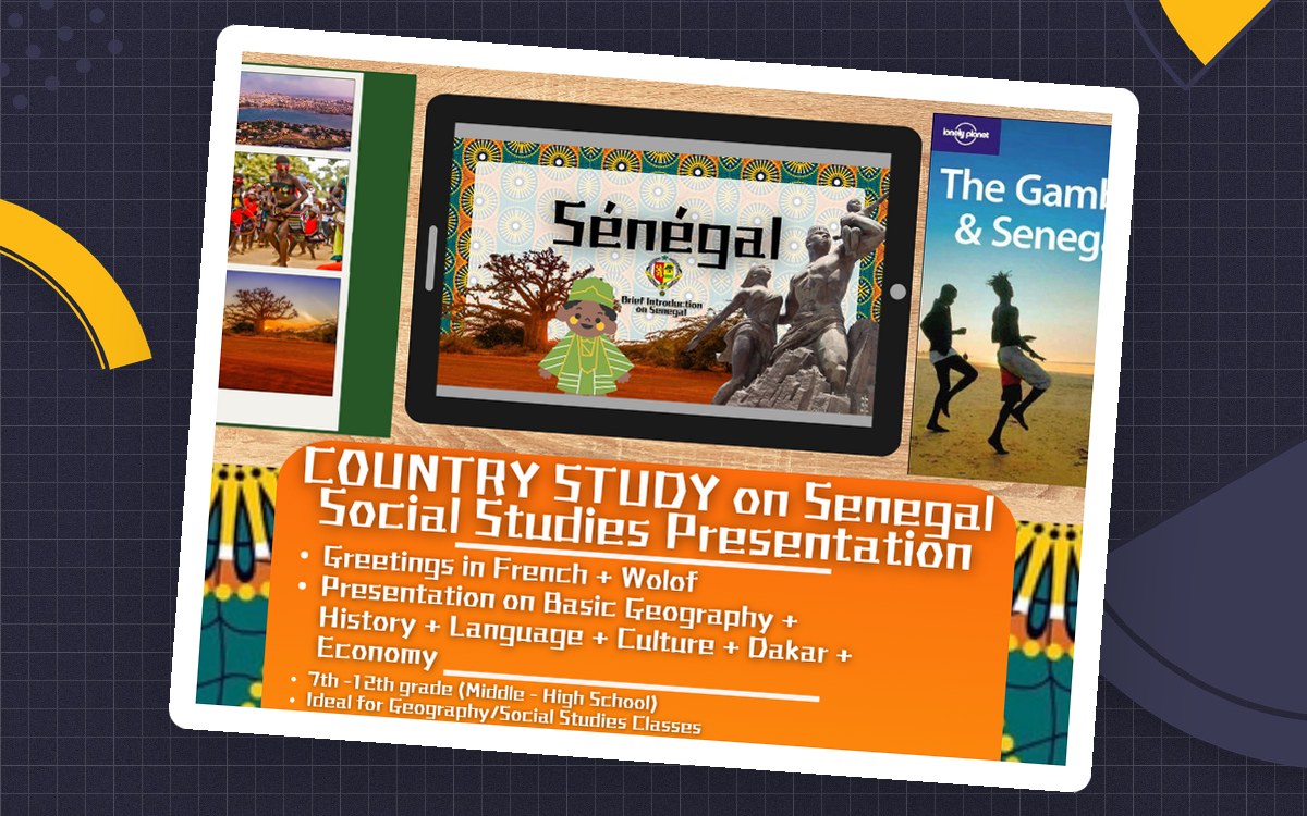 Senegal country-study presentation cover with an open book, West African landmark photographs, and bold country title.