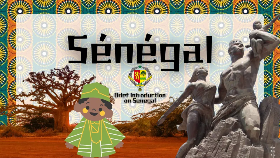 Cover: Sénégal, a brief introduction slide deck, with the national coat of arms, a baobab tree and a monument statue