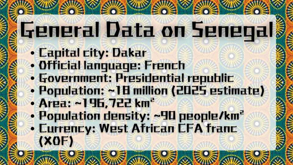 General data on Senegal: capital Dakar, French language, population ~18 million, area, density and CFA franc currency