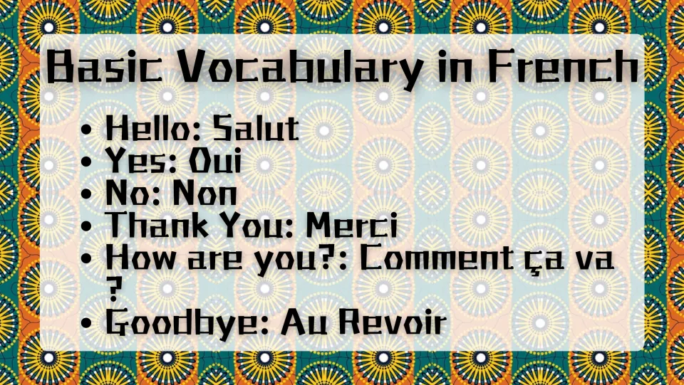 Basic French vocabulary: hello, yes, no, thank you, how are you and goodbye with French words such as merci and au revoir