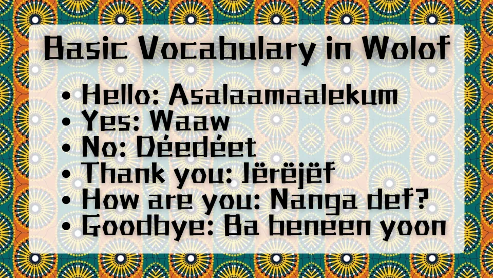 Basic Wolof vocabulary: Asalaamaalekum, waaw (yes), déedéet (no), jërëjëf (thank you), nanga def? and ba beneen yoon
