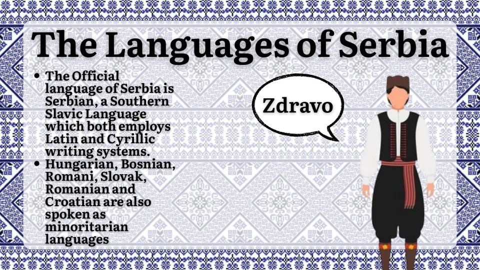 Serbia language slide explaining Serbian's Latin and Cyrillic writing systems and listing minority languages