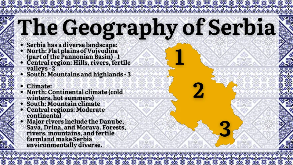 Serbia geography slide describing northern plains, central hills, southern mountains, climates, and rivers