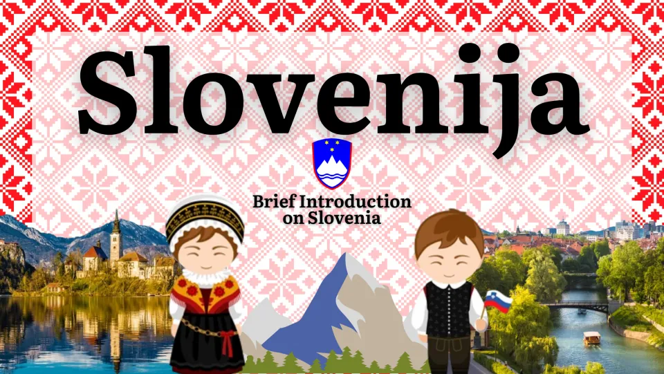 Slovenija title slide, Brief Introduction on Slovenia, with coat of arms, lakeside and river photos and costumed children