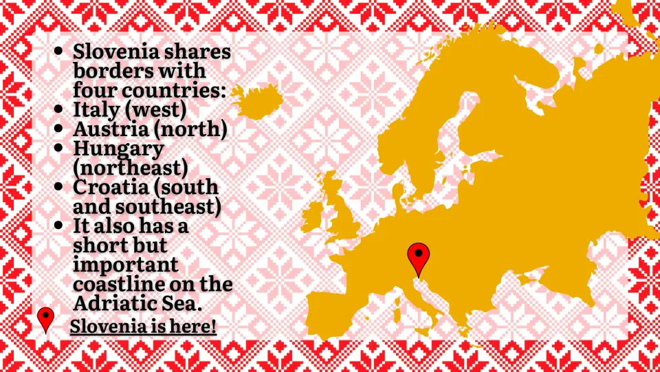 Neighbors and location: Italy, Austria, Hungary and Croatia border it, plus Adriatic coast, with a pinned Europe map