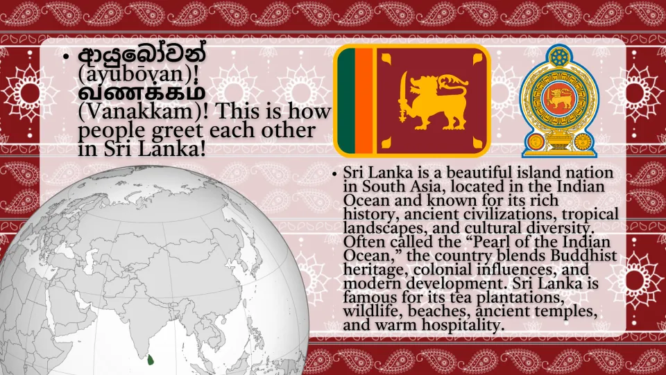 Sri Lanka overview: flag, emblem and a globe locating the island, with text calling it the Pearl of the Indian Ocean