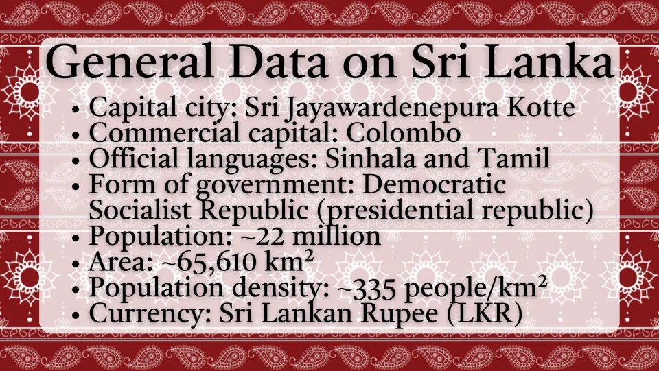 General Data on Sri Lanka: capital Sri Jayawardenepura Kotte, languages, government, population, area and currency