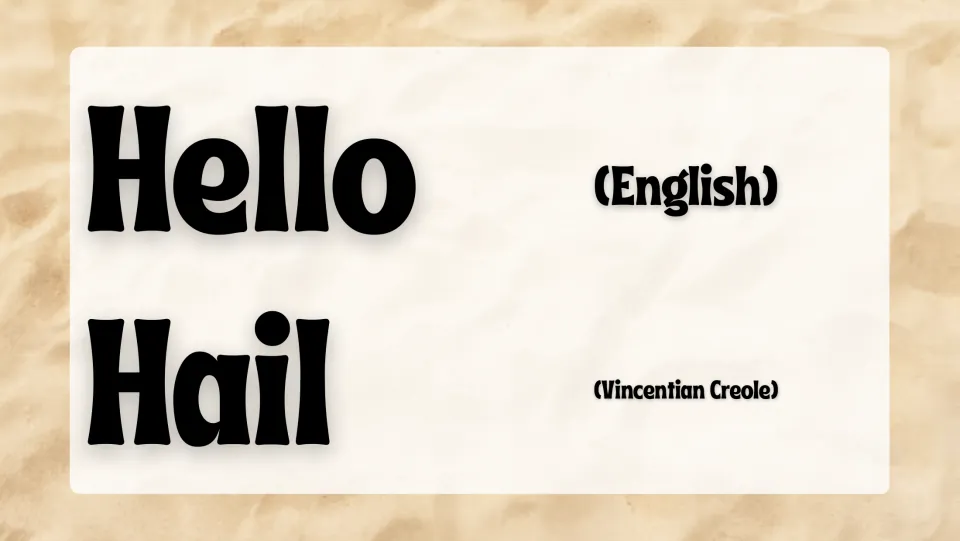 Greeting slide pairing Hello in English with Hail (hello) in Vincentian Creole for the country introduction
