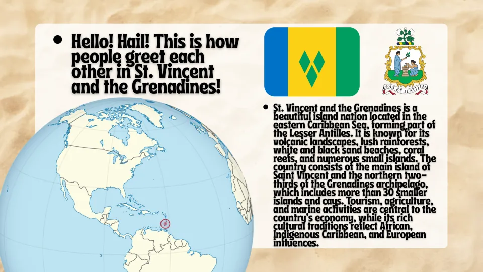 Country overview slide locating the islands in the eastern Caribbean, with a globe, flag, and coat of arms