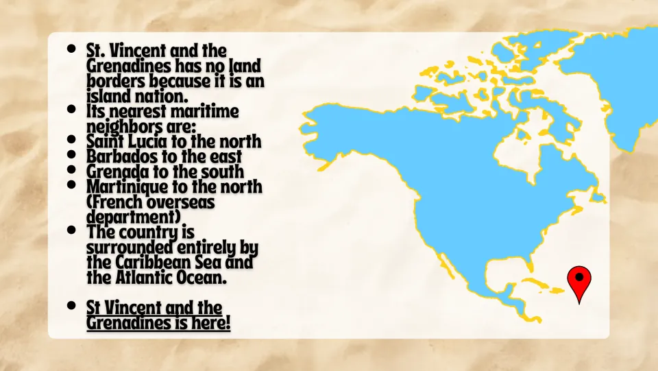 Location slide naming maritime neighbors Saint Lucia, Barbados, Grenada, and Martinique beside a map