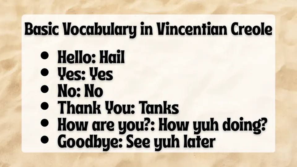 Vocabulary slide pairing six English expressions with Vincentian Creole, including Tanks (thank you)