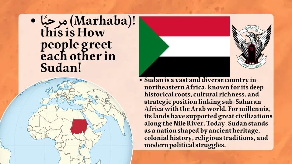 Sudan overview slide linking Marhaba (hello) to greetings, with the national flag and a globe locating Sudan