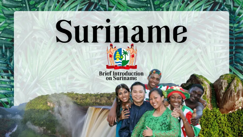 Suriname presentation cover introducing the country with its coat of arms, people, and landscape photos