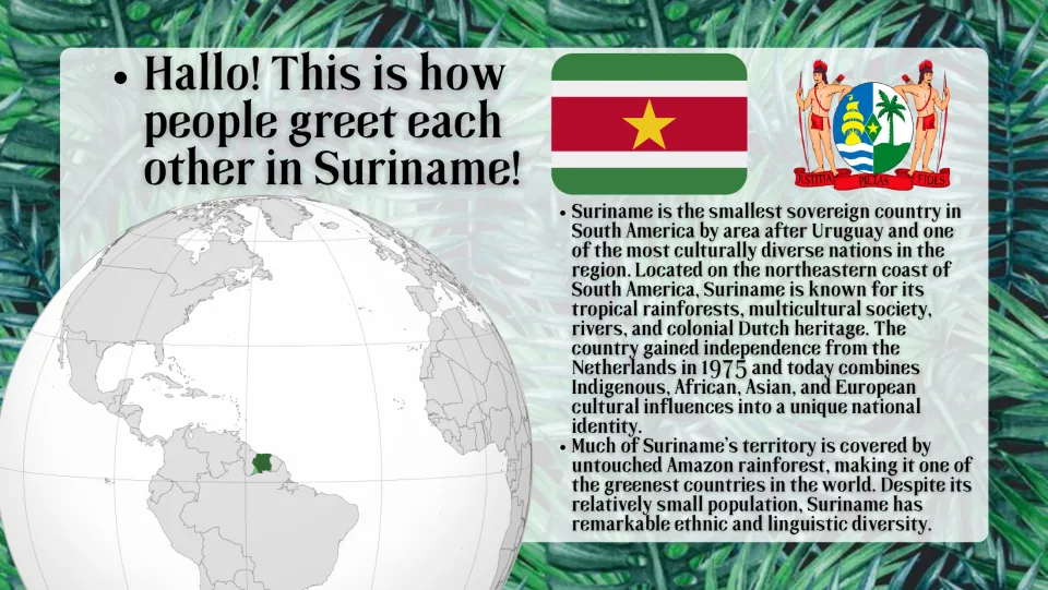 Country introduction slide locating Suriname on a globe and describing its rainforests and cultural diversity