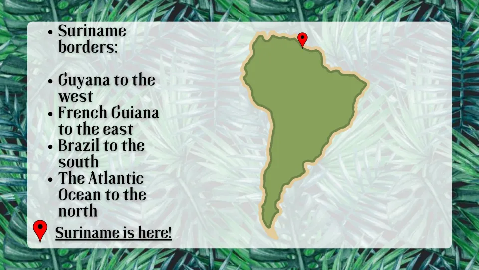 Location slide naming Suriname’s neighbors: Guyana, French Guiana, Brazil, and the Atlantic Ocean