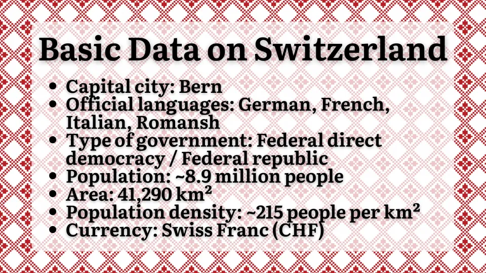 Basic facts slide lists Bern, four languages, government, population, area, density, and the Swiss franc