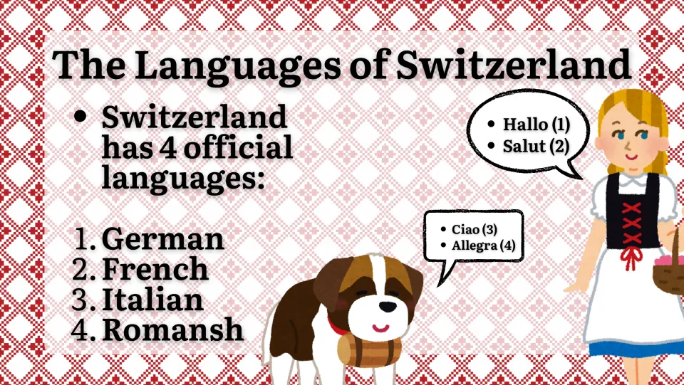Languages slide lists German, French, Italian, and Romansh alongside Hallo, Salut, Ciao, and Allegra (hello)