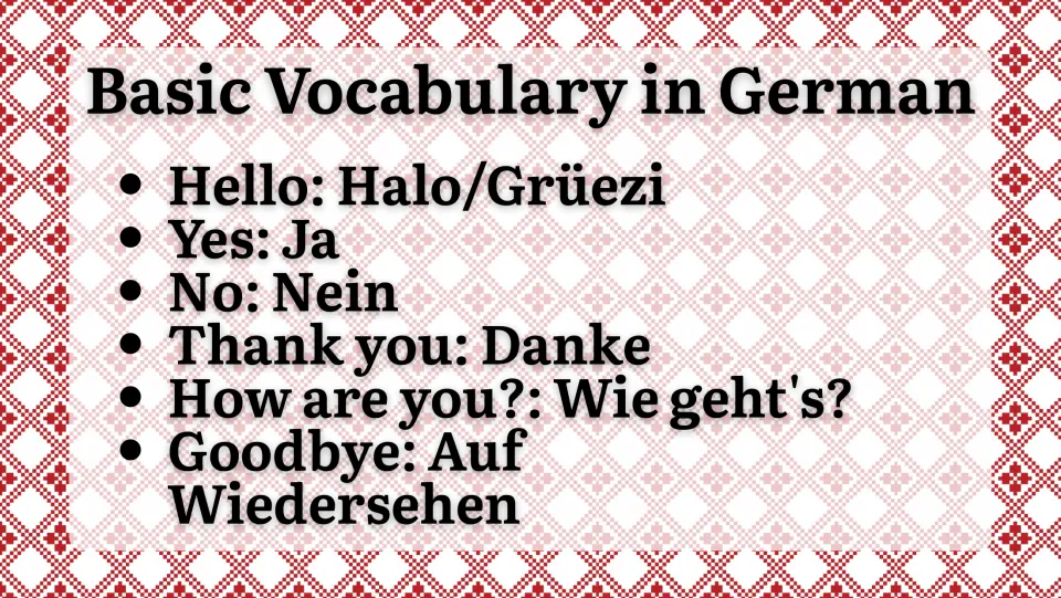 German vocabulary slide: Halo/Grüezi (hello), Ja (yes), Nein (no), Danke (thank you), and two more phrases