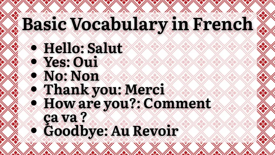 French vocabulary slide: Salut (hello), Oui (yes), Non (no), Merci (thank you), and two more everyday phrases