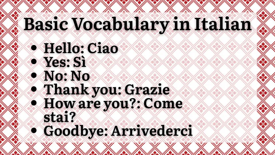 Italian vocabulary slide: Ciao (hello), Sì (yes), No (no), Grazie (thank you), and two more everyday phrases