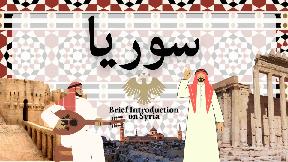 Cover slide, Brief Introduction on Syria, with the country name in Arabic, a man playing an oud and ancient ruins